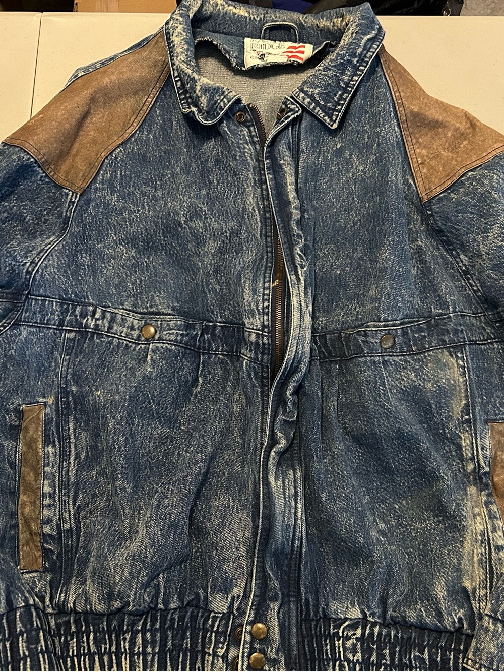 Vintage-Style eagels ridge Blue Denim Jacket with Brown Suede Accents